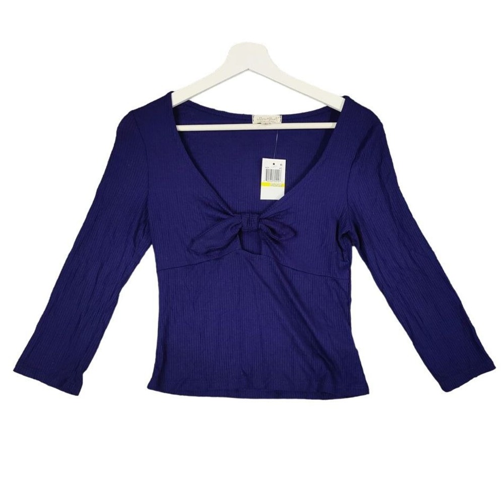 Ultra Flirt Women Coquette Y2K Indie Ballet Tie Front Ribbed Top M Navy Blue NEW